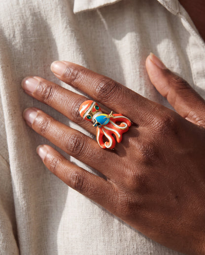 Eau Octopus Ring by Lauren G Adams, orange enamel octopus with turquoise stones on Tampa Home & Garden Store
