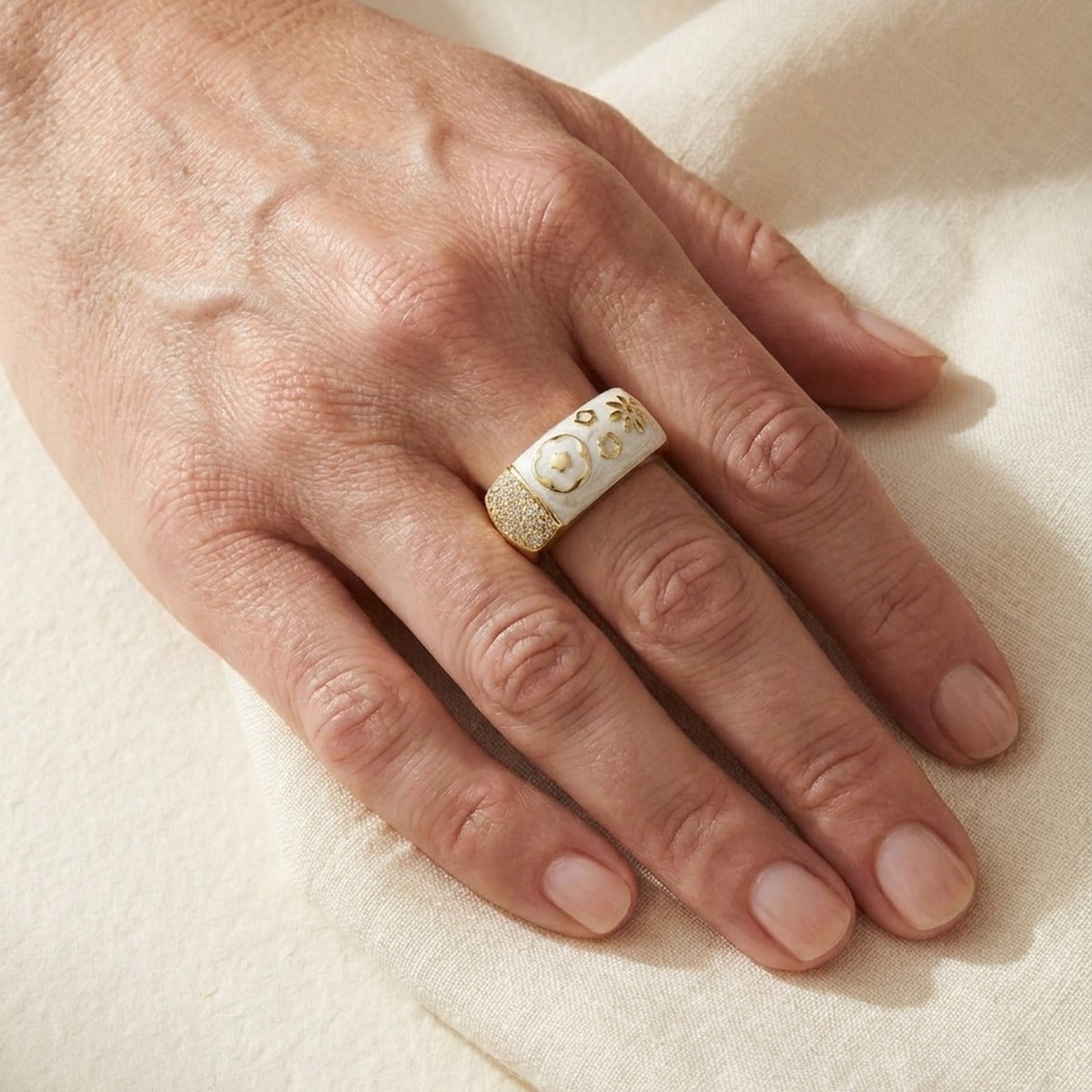 Floral Days Ring by Lauren G Adams, white ceramic band with gold floral accents, cocktail ring on Tampa Home & Garden Store