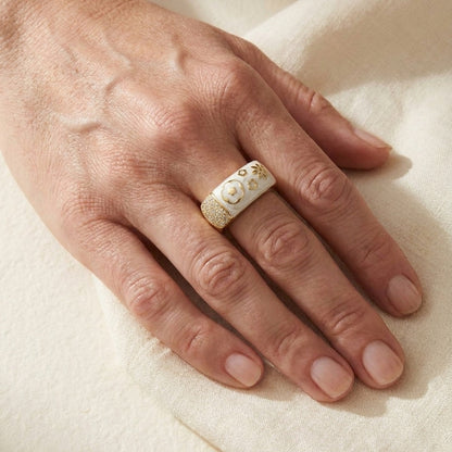 Floral Days Ring by Lauren G Adams, white ceramic band with gold floral accents, cocktail ring on Tampa Home & Garden Store
