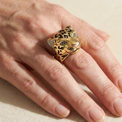 Sweet Leopard Cocktail Ring by Lauren G Adams - gold leopard head with black spots on Tampa Home & Garden Store