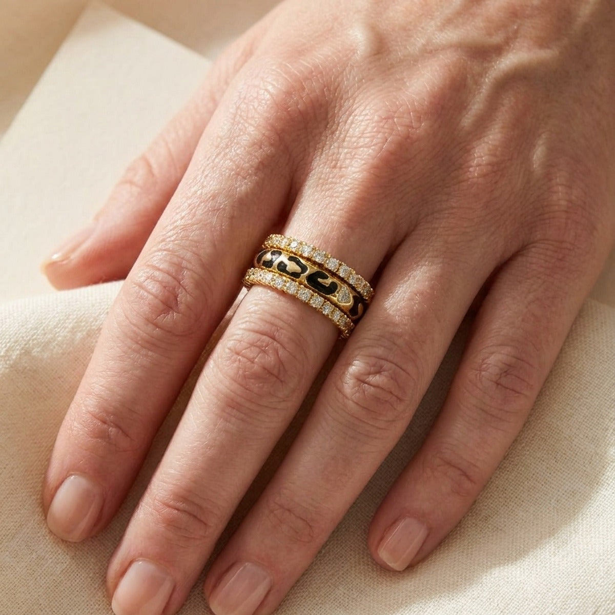 Sweet Leopard Ring Set of 3 gold-tone stacked rings with leopard-print band and pave diamonds on Tampa Home & Garden Store