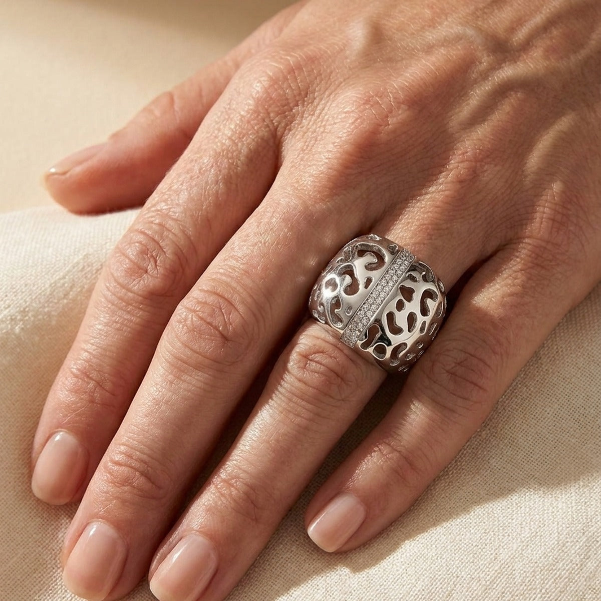 Sweet Leopard Ring by Lauren G Adams, silver leopard-cutout band with pavé diamond stripe on Tampa Home & Garden Store