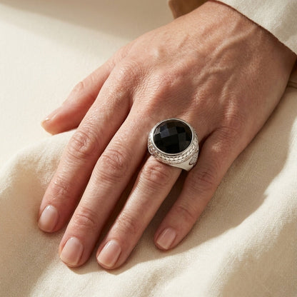 Dragon Lady Cocktail Ring by Lauren G Adams with a black faceted gemstone in a silver pavé band on Tampa Home & Garden Store