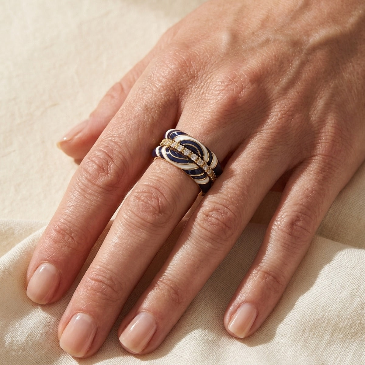 Petit Gateau Stackable Ring Swirl & Pave Duo blue white enamel with pave diamonds by Lauren G Adams on Tampa Home & Garden Store