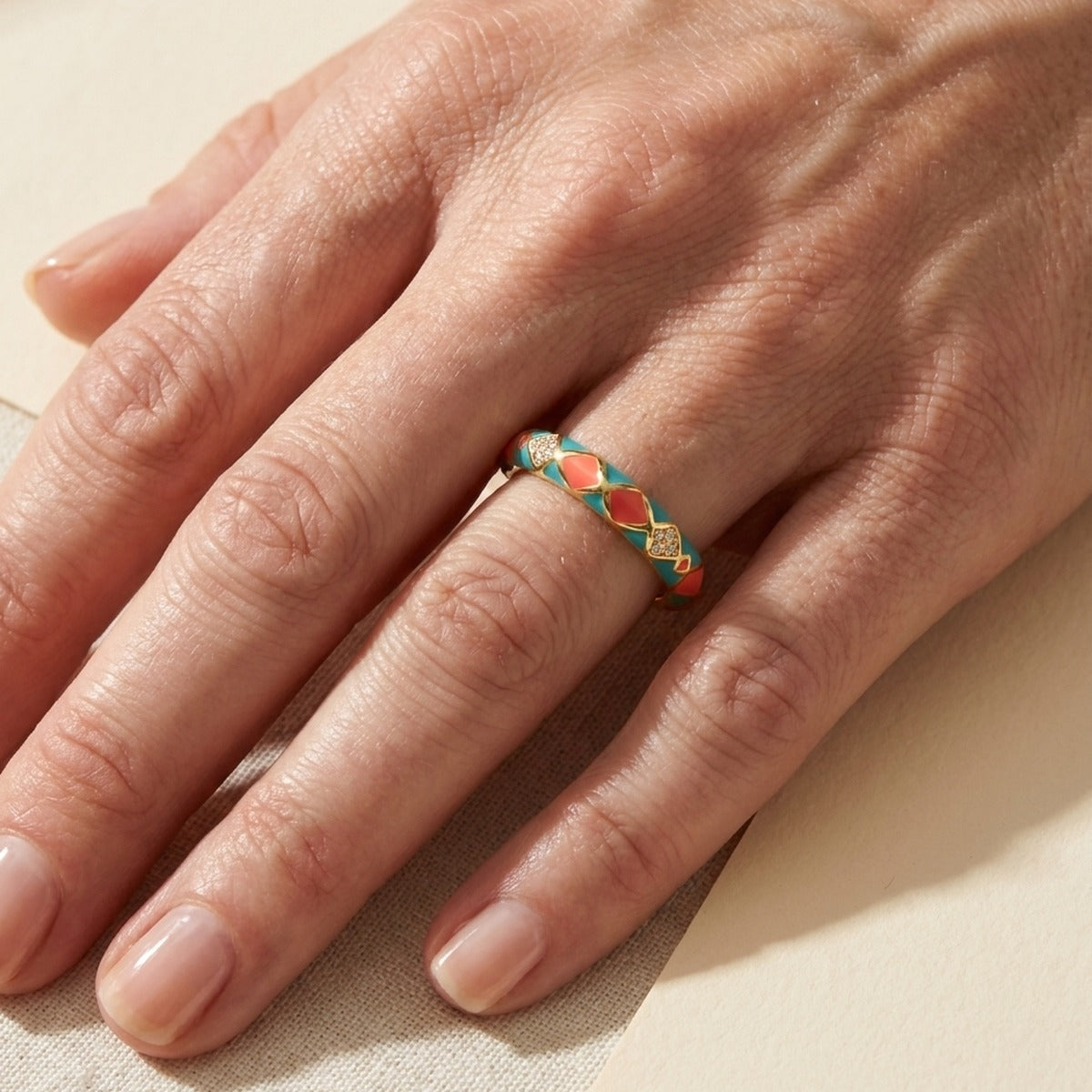 Fierce Edge Stackable Ring turquoise enamel with coral and gold trim by Lauren G Adams on Tampa Home & Garden Store