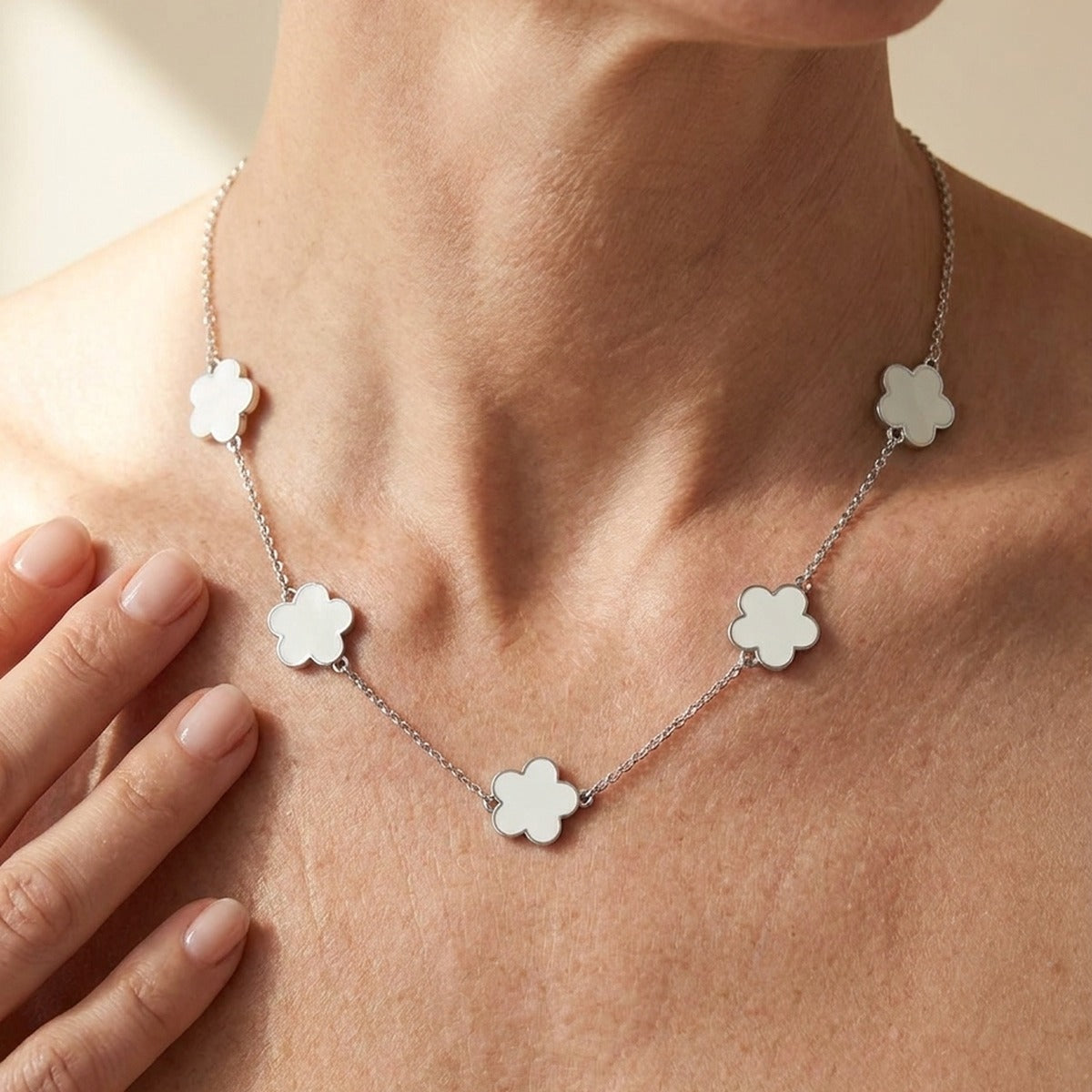 Daisy Love Necklace — Flower Collar with five white enamel flower charms on a silver chain on Tampa Home & Garden Store