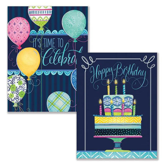 Time To Celebrate boxed notes gift set 12 cards with birthday cake and balloons on navy panels on Tampa Home & Garden Store