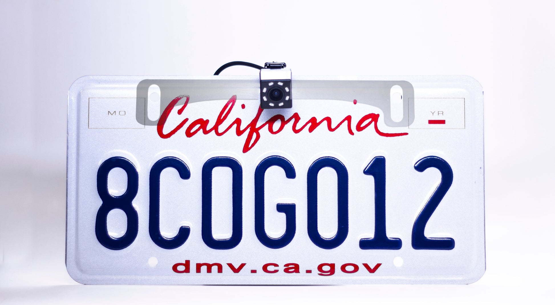 Master Tailgaters license plate camera mounted on California plate with 8-LED IR night vision on Tampa Home & Garden Store