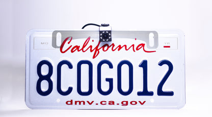 Master Tailgaters license plate camera mounted on California plate with 8-LED IR night vision on Tampa Home & Garden Store