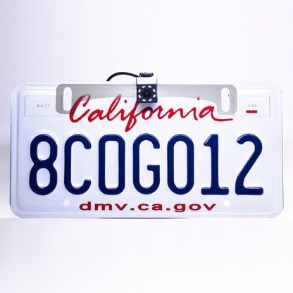 Master Tailgaters rear view camera, black LED-ring unit mounted on California license plate on Tampa Home & Garden Store