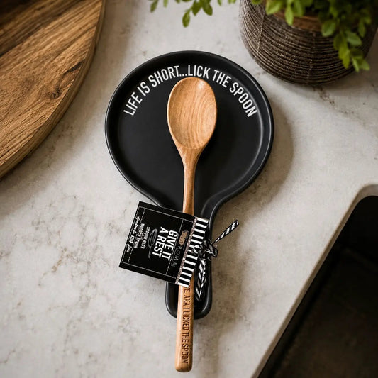 Lick the Spoon Bold spoon rest black ceramic with white text Gia Roma includes wooden spoon on Tampa Home & Garden Store