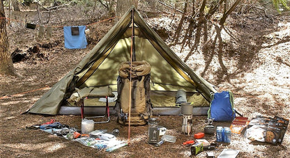 LifePack Backpacking Kit by River Country Gear: olive tent with backpack and gear on forest floor on Tampa Home & Garden Store