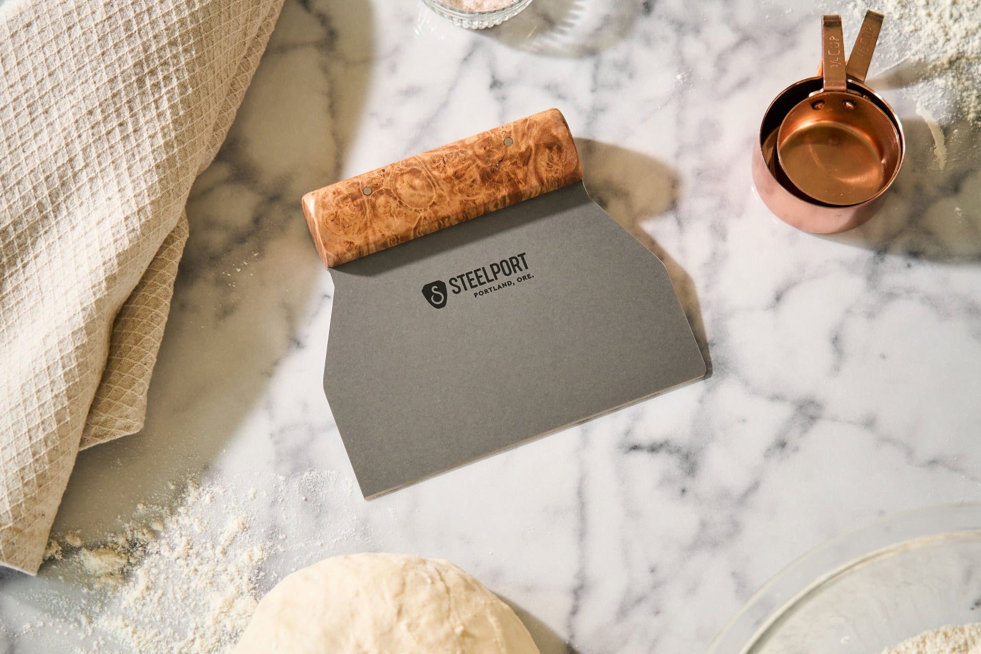 Bench scraper with gray steel blade and burl wood handle, STEELPORT Knife Co. Portland, OR on Tampa Home & Garden Store
