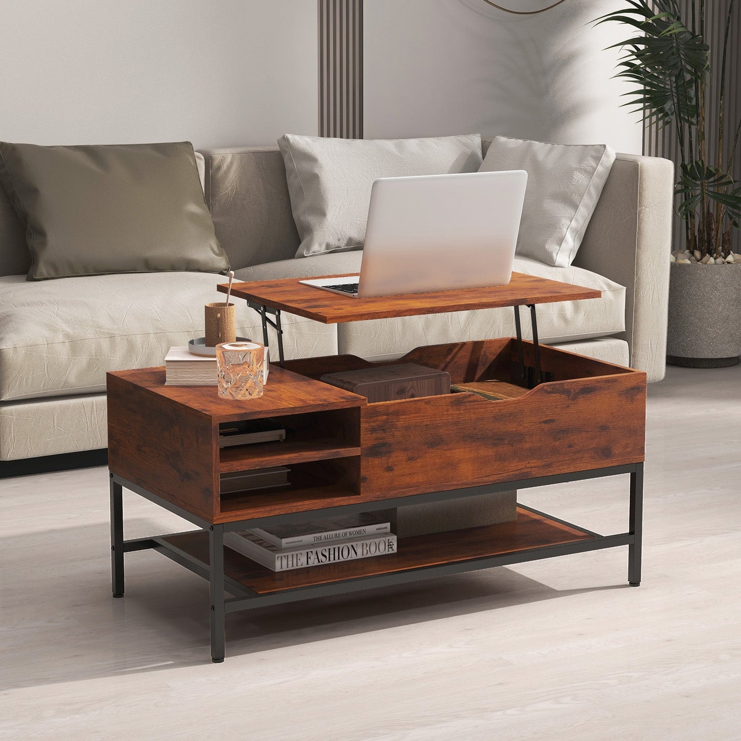 Mesa de centro elevable con compartimento oculto y estante de almacenamiento extraíble - Marrón rústico