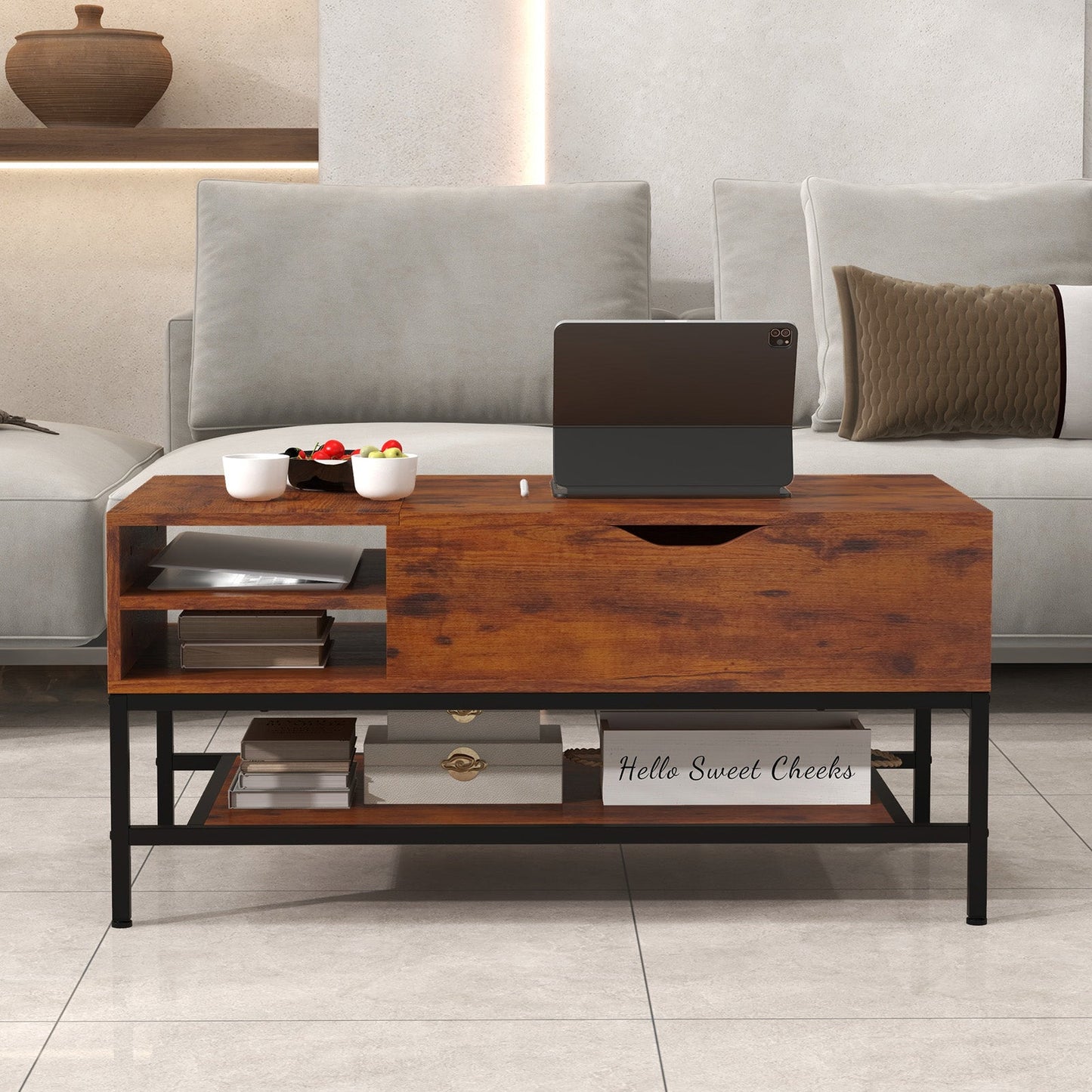 Mesa de centro elevable con compartimento oculto y estante de almacenamiento extraíble - Marrón rústico