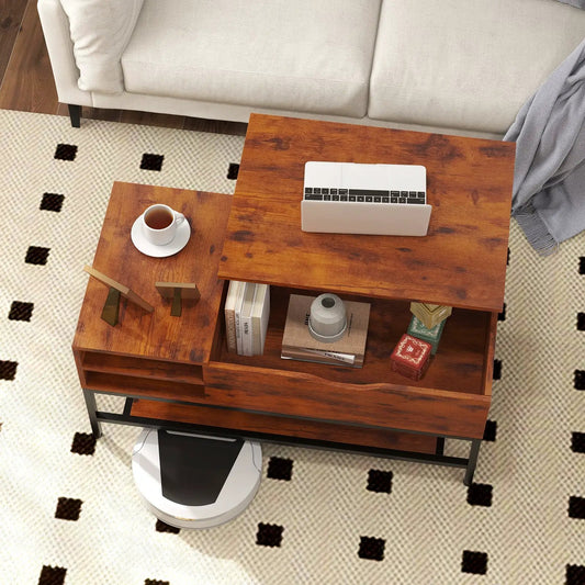 Lift-top coffee table in rustic brown wood with hidden storage compartment on Tampa Home & Garden Store