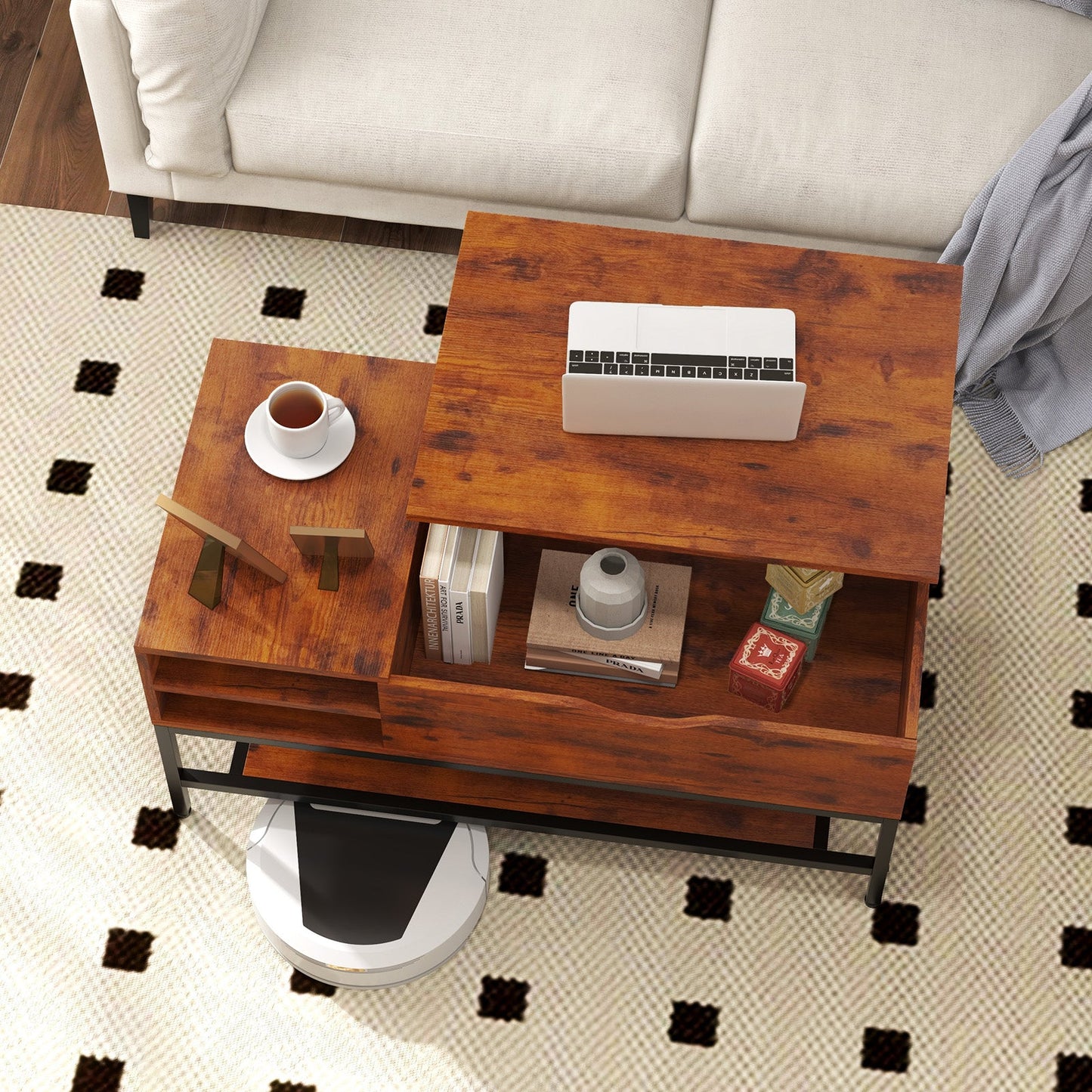 Mesa de centro elevable con compartimento oculto y estante de almacenamiento extraíble - Marrón rústico