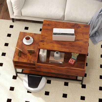 Mesa de centro elevable con compartimento oculto y estante de almacenamiento extraíble - Marrón rústico