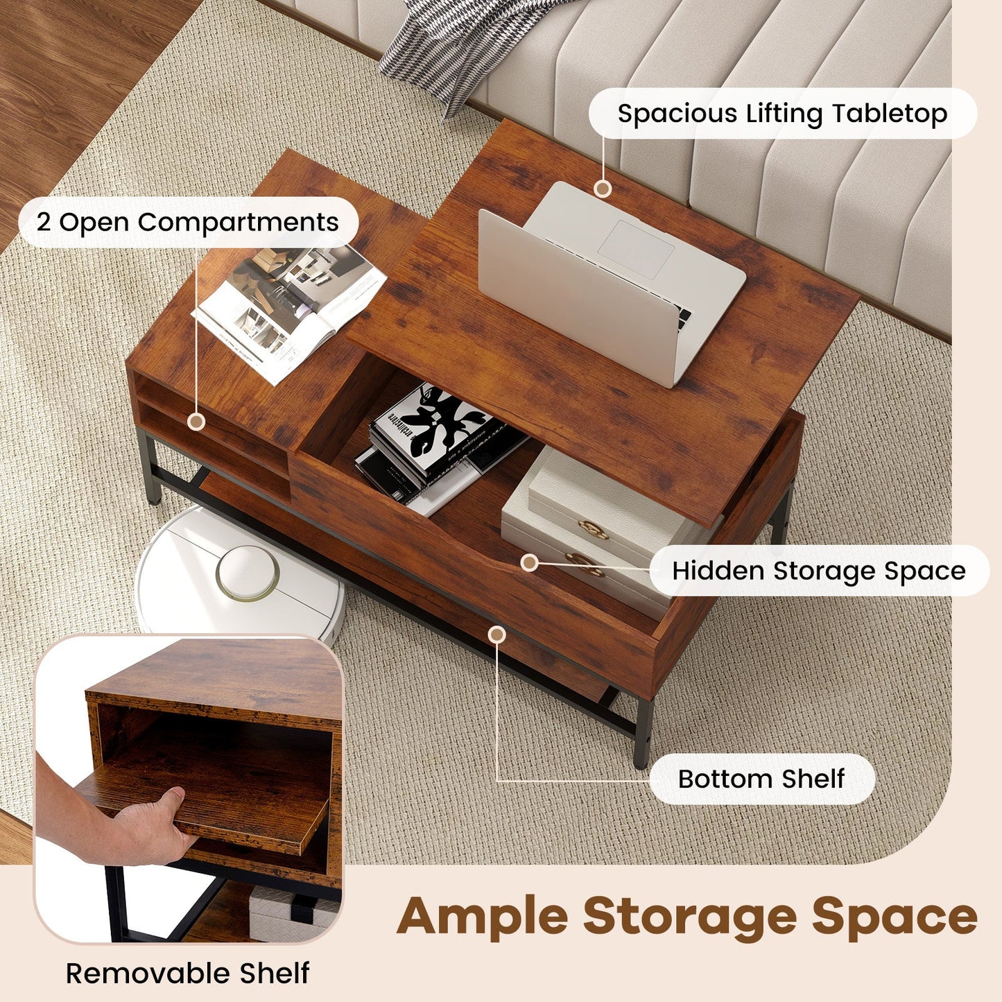 Mesa de centro elevable con compartimento oculto y estante de almacenamiento extraíble - Marrón rústico