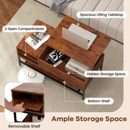 Mesa de centro elevable con compartimento oculto y estante de almacenamiento extraíble - Marrón rústico