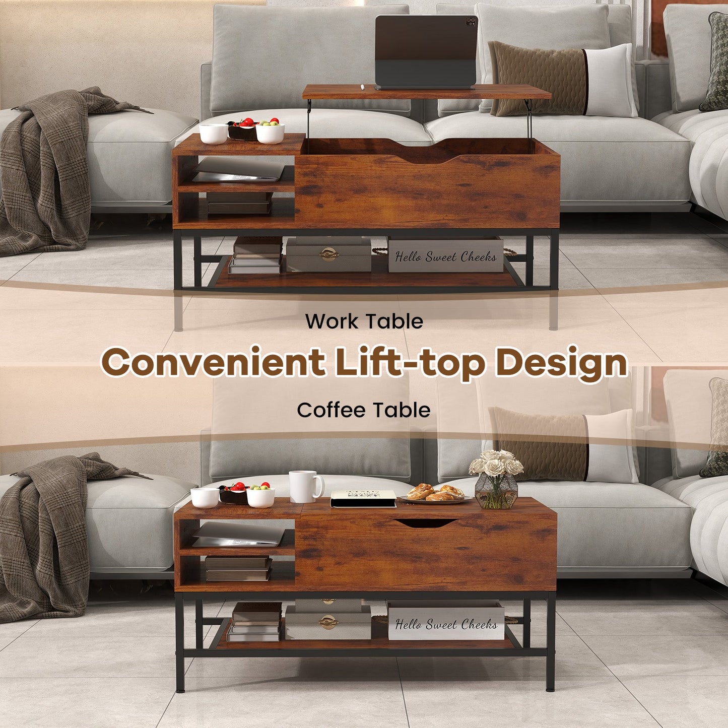 Mesa de centro elevable con compartimento oculto y estante de almacenamiento extraíble - Marrón rústico