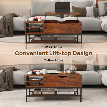 Mesa de centro elevable con compartimento oculto y estante de almacenamiento extraíble - Marrón rústico
