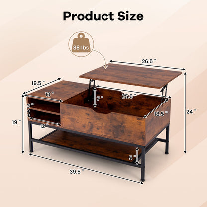 Mesa de centro elevable con compartimento oculto y estante de almacenamiento extraíble - Marrón rústico
