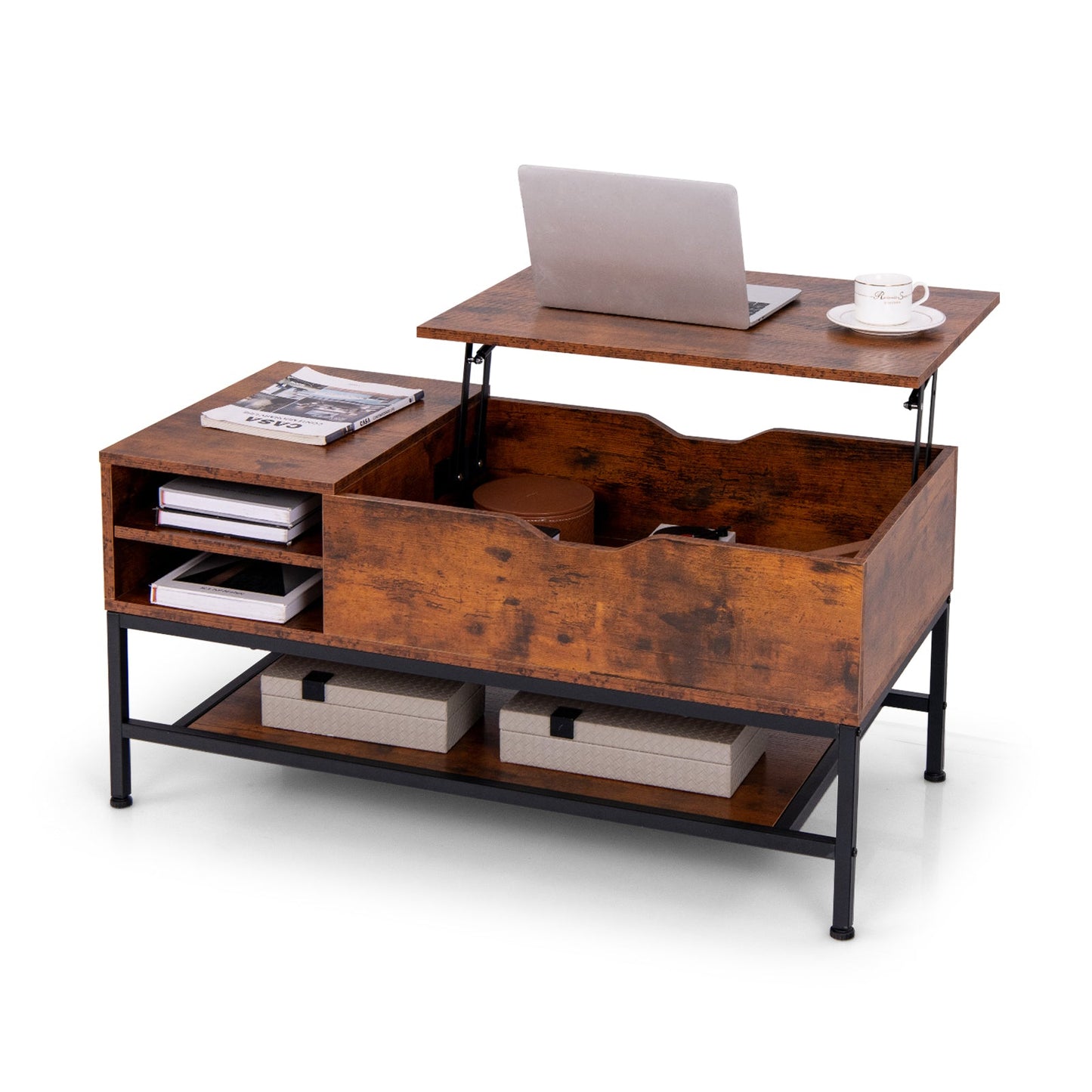 Mesa de centro elevable con compartimento oculto y estante de almacenamiento extraíble - Marrón rústico