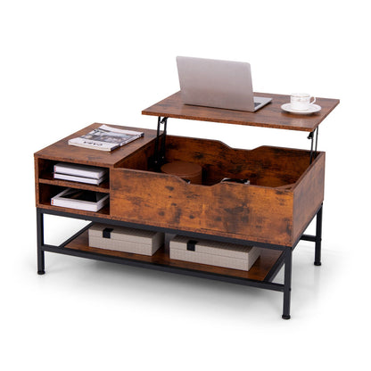 Mesa de centro elevable con compartimento oculto y estante de almacenamiento extraíble - Marrón rústico