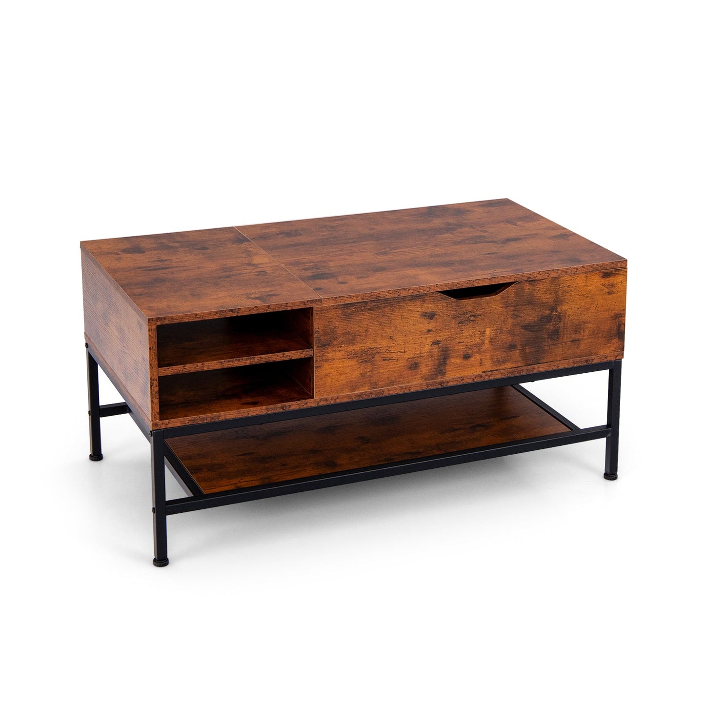 Mesa de centro elevable con compartimento oculto y estante de almacenamiento extraíble - Marrón rústico