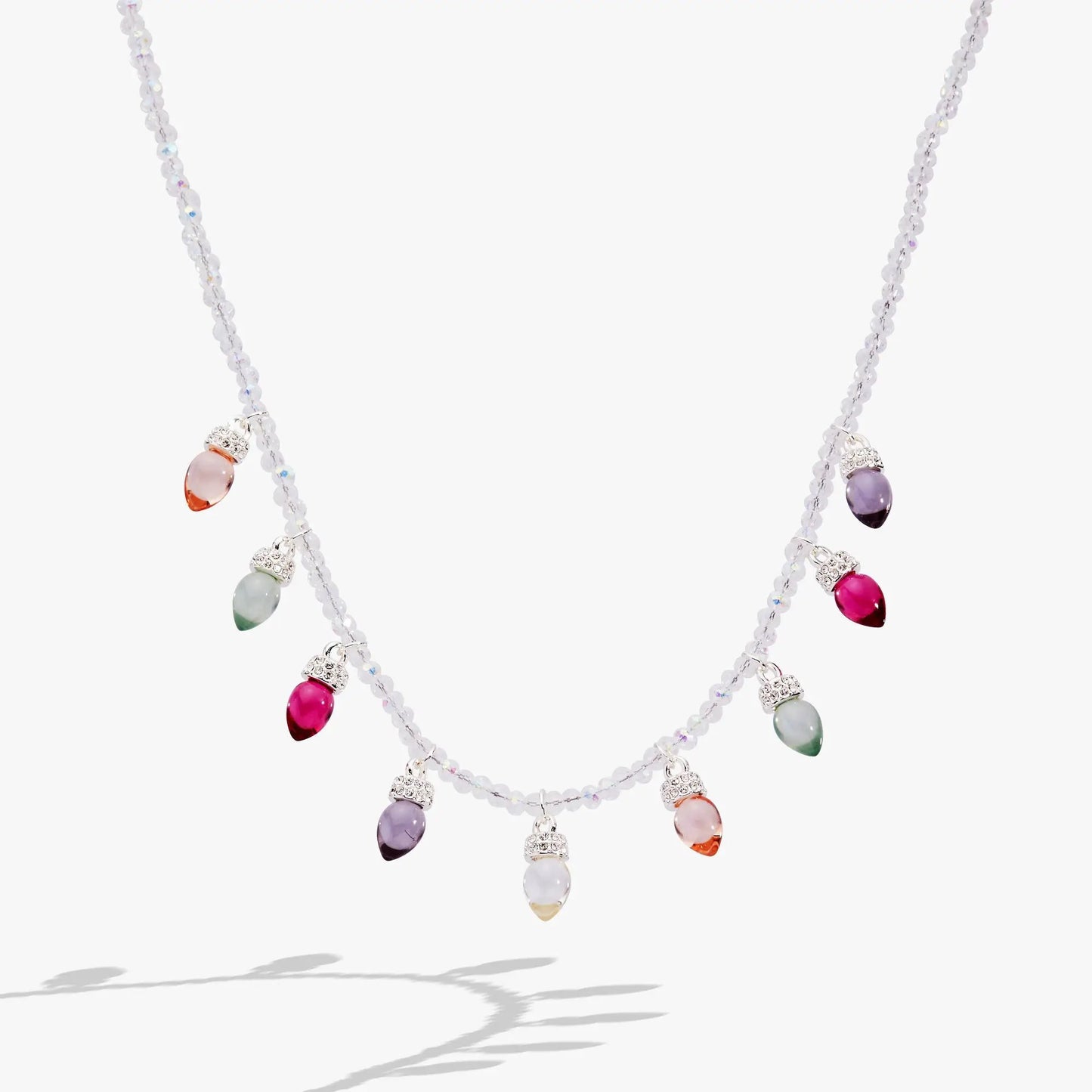 Alex and Ani Christmas Muted Light Bulb Necklace, pastel teardrop bulbs with clear crystals on Tampa Home & Garden Store