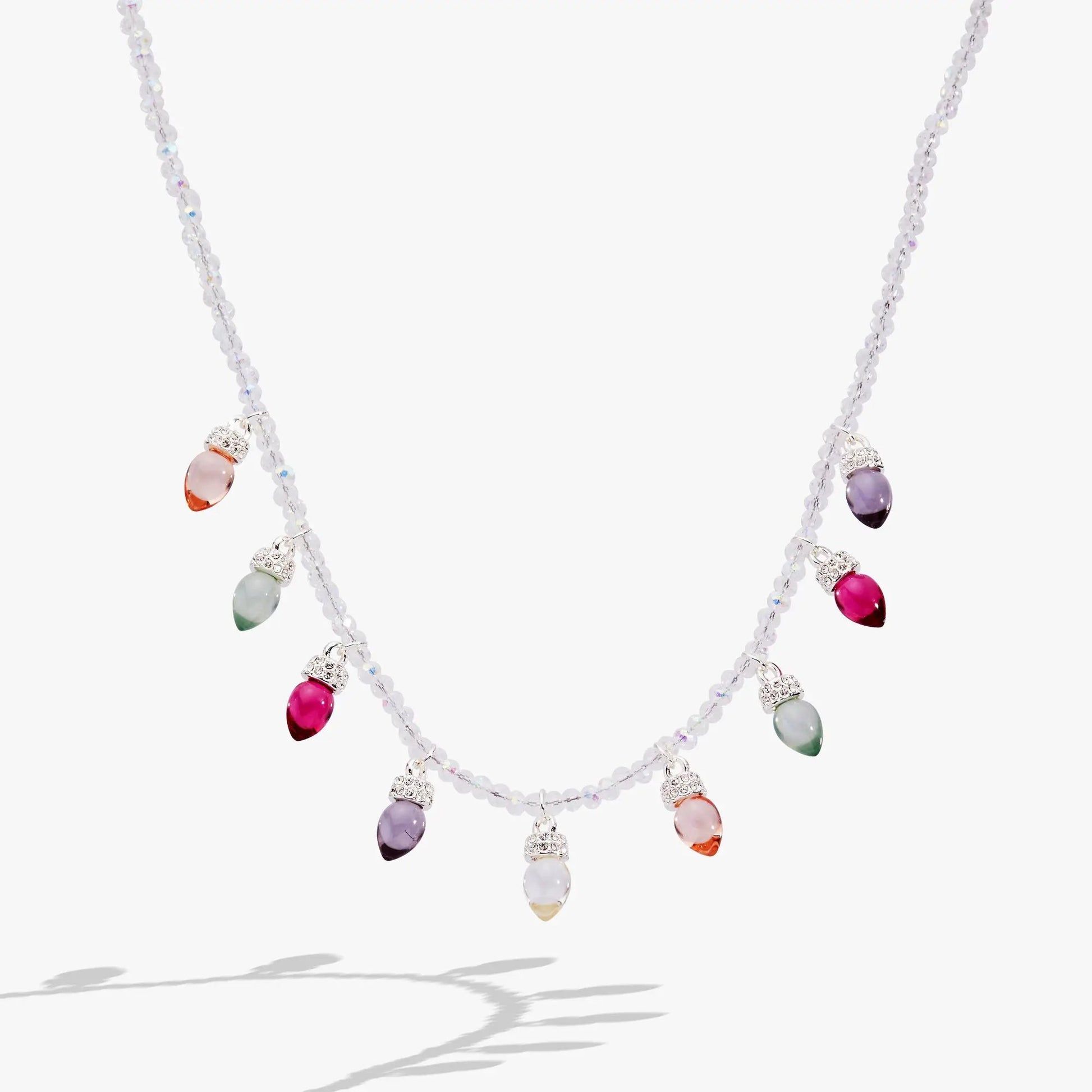 Alex and Ani Christmas Muted Light Bulb Necklace, pastel teardrop bulbs with clear crystals on Tampa Home & Garden Store