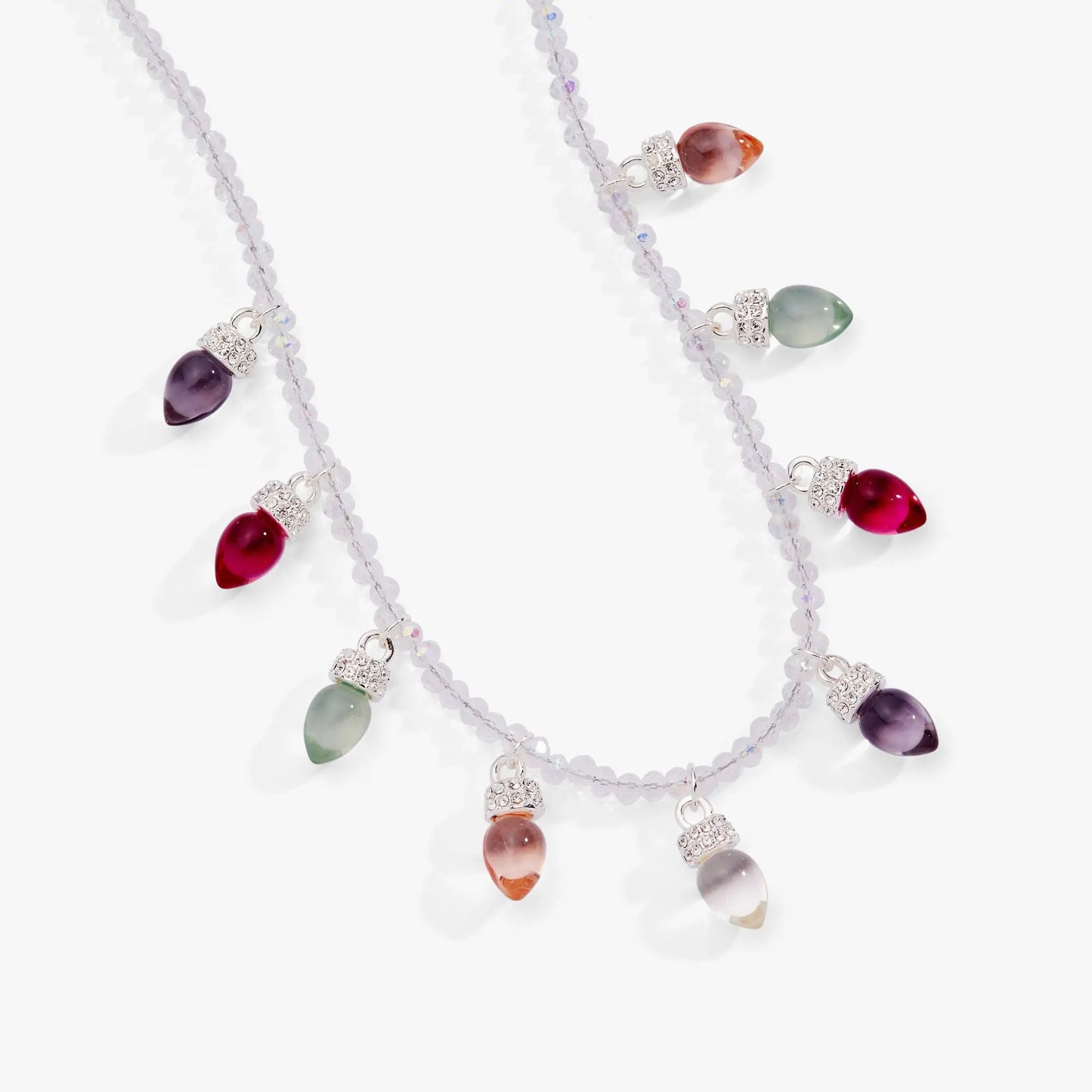 Christmas Muted Light Bulb Necklace with lavender bead chain and crystal teardrop bulbs on Tampa Home & Garden Store