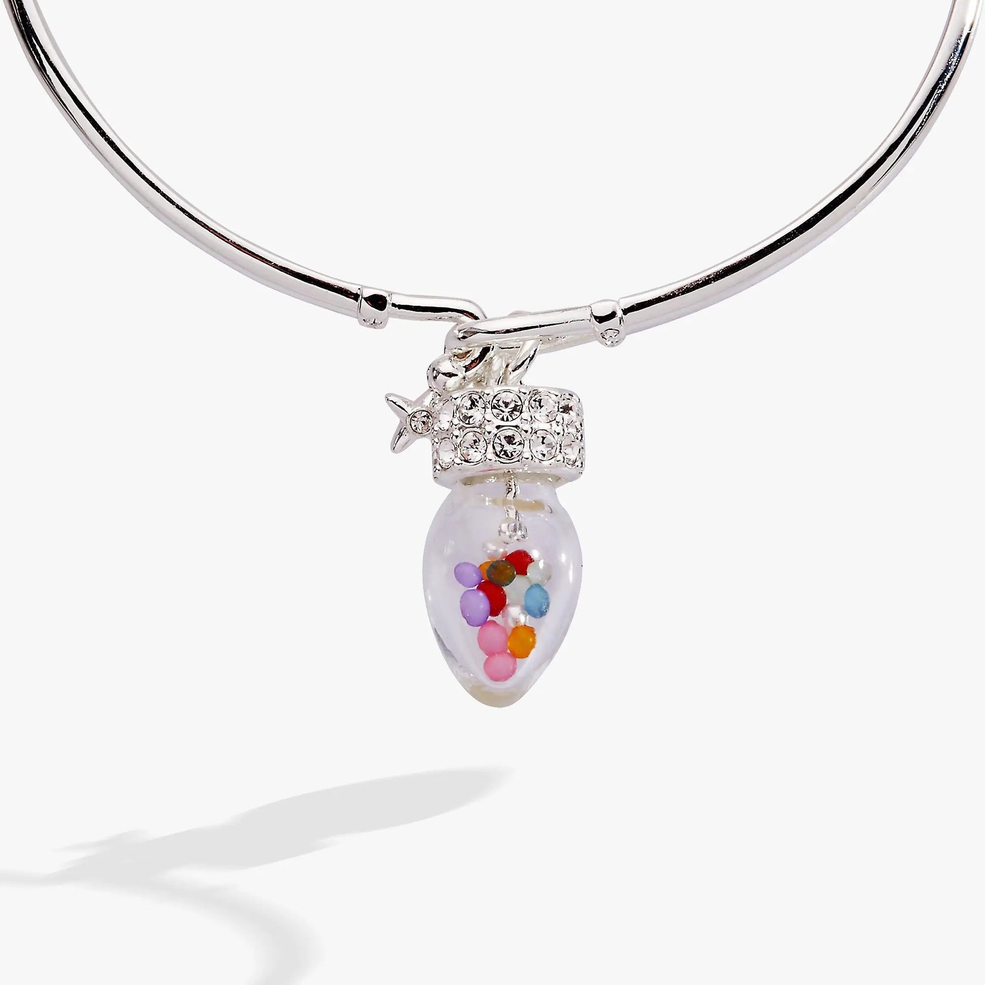 Christmas Light Bulb Shaker Cuff bracelet in silver-tone with bead-filled bulb charm on Tampa Home & Garden Store