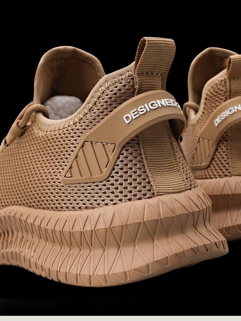 Stevvex men's beige breathable mesh sneakers, strap with DESIGNED text, sole pair on Tampa Home & Garden Store
