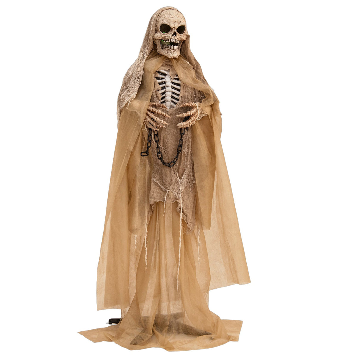 Lighted and animated outdoor Halloween skeleton decoration with LED, beige tattered cloak on Tampa Home & Garden Store