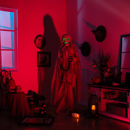 Lighted animated Halloween skeleton decoration with green LED eyes, red lighting, DirectDeals on Tampa Home & Garden Store