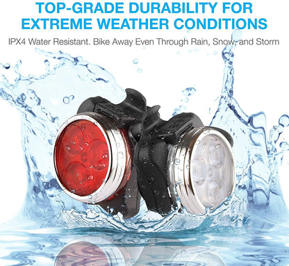 Stevvex USB bike light set with front white LED and rear red LED, 4 modes, 650mAh on Tampa Home & Garden Store