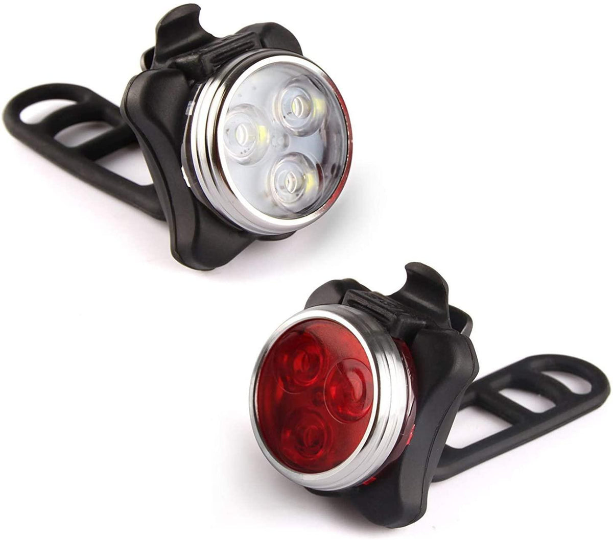Stevvex USB rechargeable bike light pair with front 4-LED headlight and rear red taillight on Tampa Home & Garden Store