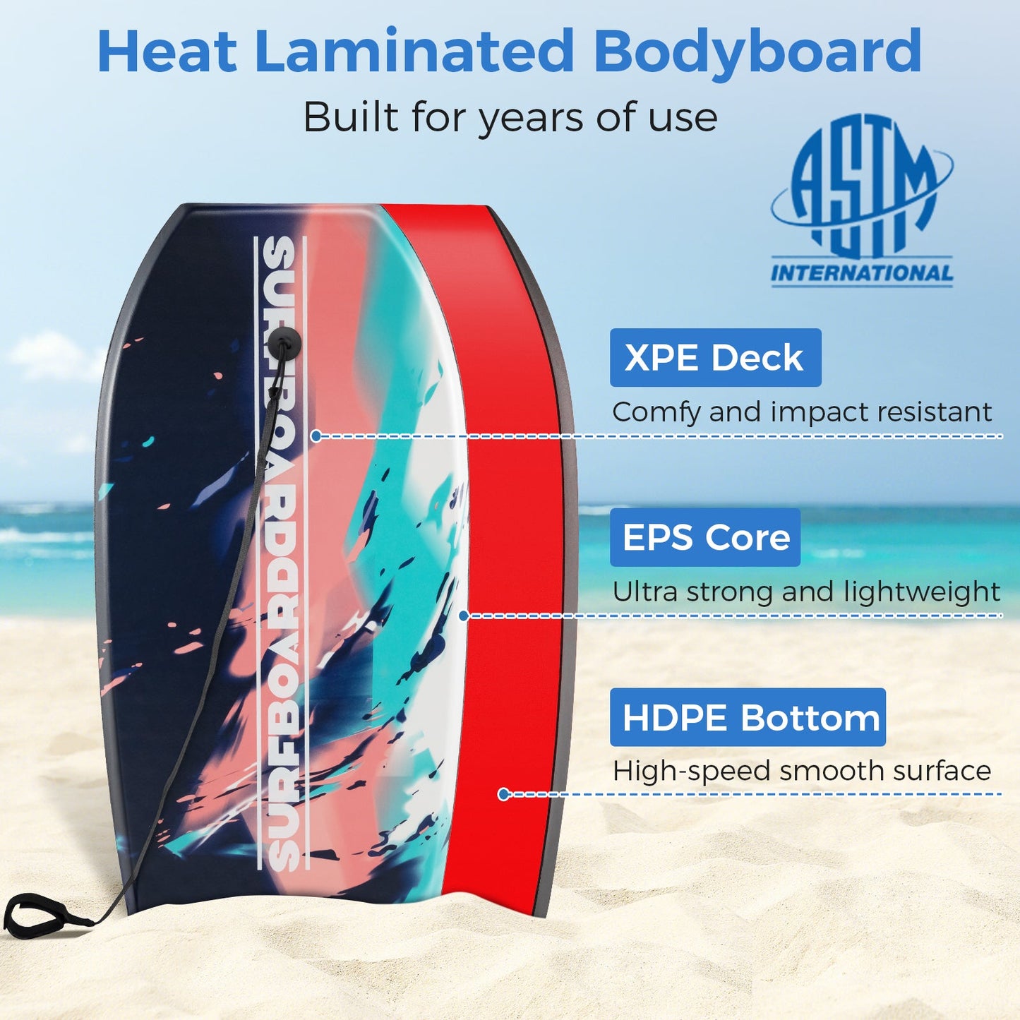 33/37/41 Inches Lightweight Body Board Boogie Board with EPS Core XPE Deck HDPE Bottom Multicolor2