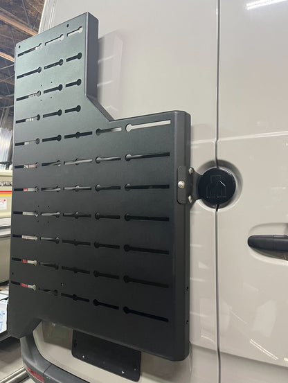 Outpost Sprinter Mounting Carrier mount on van door, black powder-coated steel slotted rack on Tampa Home & Garden Store