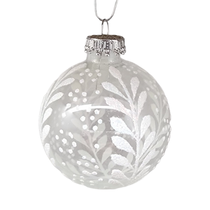 Boules de verre Krebs Value, lot de 4 - Motif botanique neigeux sur fond blanc