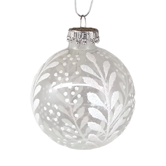 Boules de verre Krebs Value, lot de 4 - Motif botanique neigeux sur fond blanc