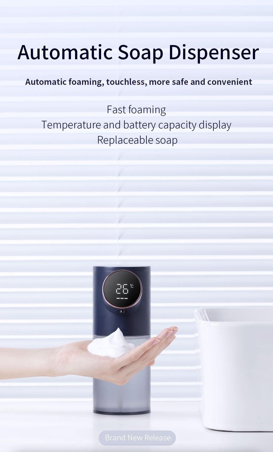 Stevvex navy automatic soap dispenser with temperature display, USB rechargeable, touchless on Tampa Home & Garden Store