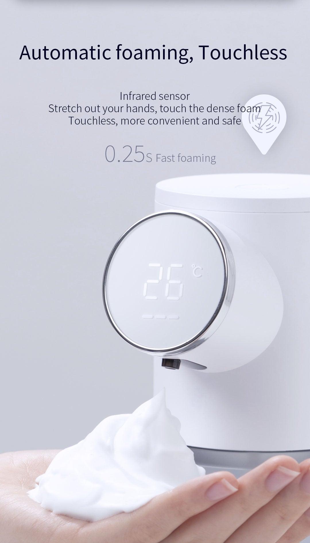 Stevvex touchless foaming soap dispenser with temperature display, USB rechargeable, white on Tampa Home & Garden Store