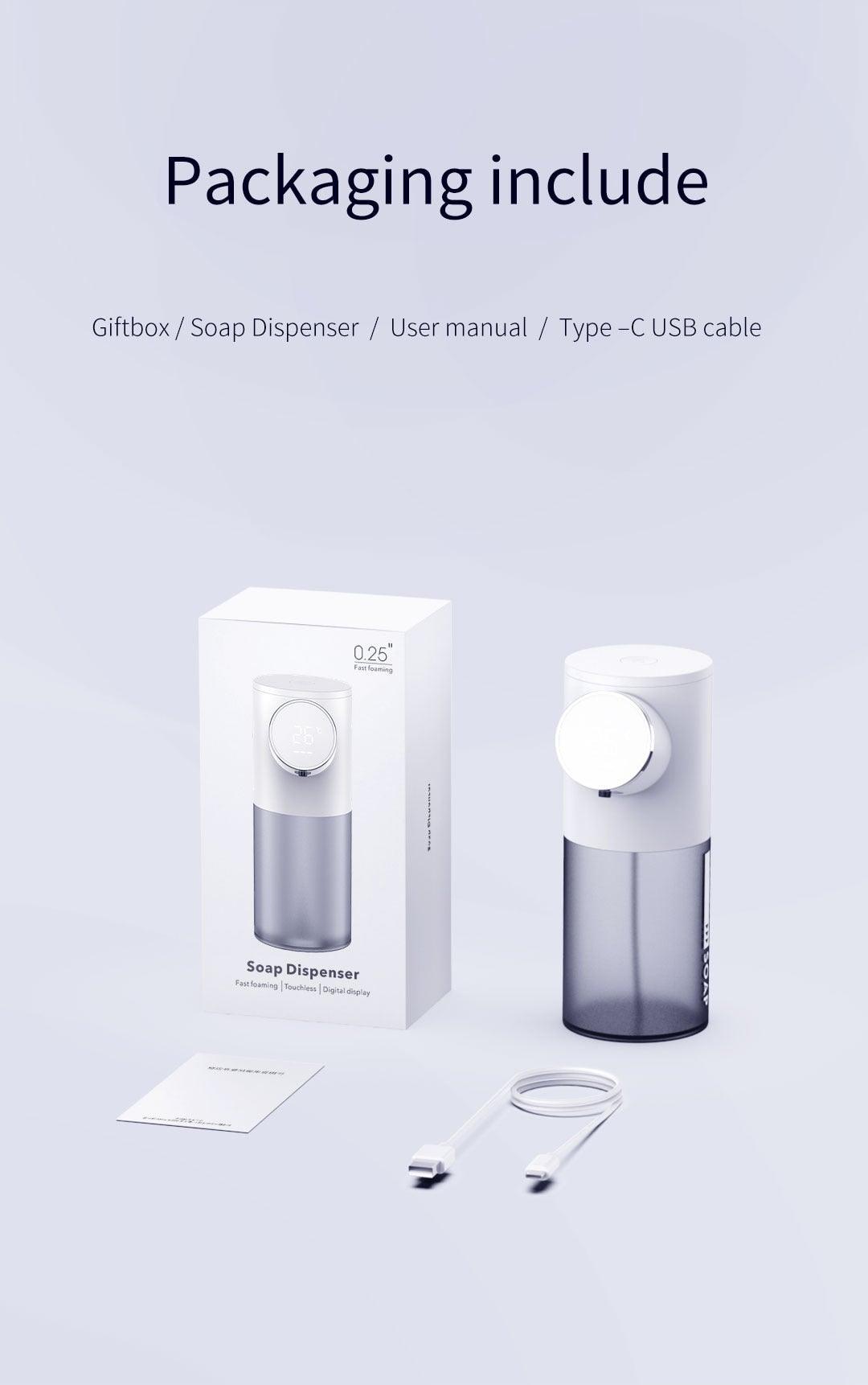 Stevvex soap dispenser with temperature display, USB rechargeable foaming unit in white on Tampa Home & Garden Store