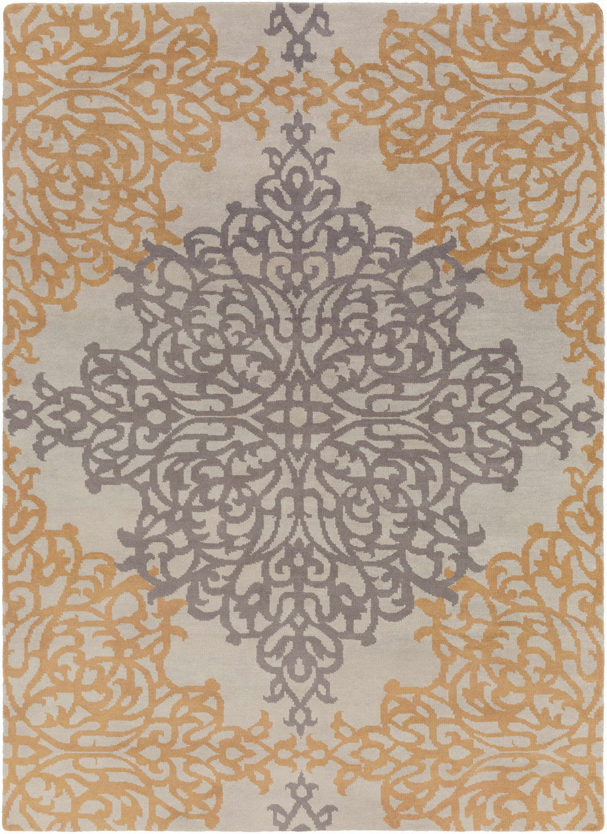 Lisle Wool Area Rug by Boutique Rugs with lavender and orange damask on beige rug on Tampa Home & Garden Store