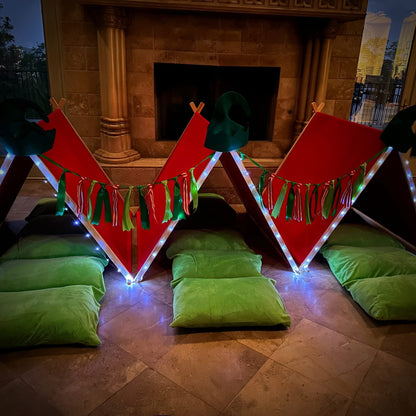 Little Elf Sleepover Set kid play tents with red frames and green cushions by Chicky Bling Bling on Tampa Home & Garden Store