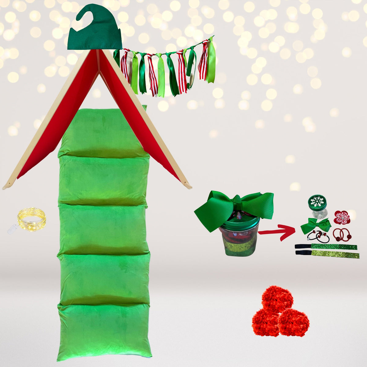 Little Elf Kids Play Tent Gift Set for pretend play with green tent and red frame, festive ribbons on Tampa Home & Garden Store