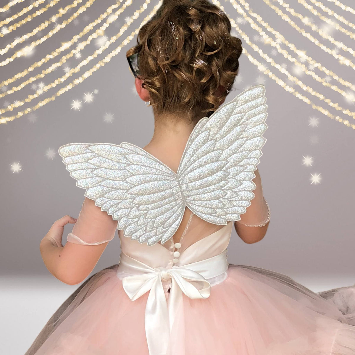 Little Girl Costume Glitter Wings, silver sparkly fairy wings with scalloped edges on Tampa Home & Garden Store